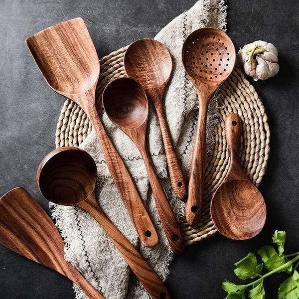 Wooden Cooking Utensils Set – 7-Piece Kitchen Tools for Non-Stick Cookware